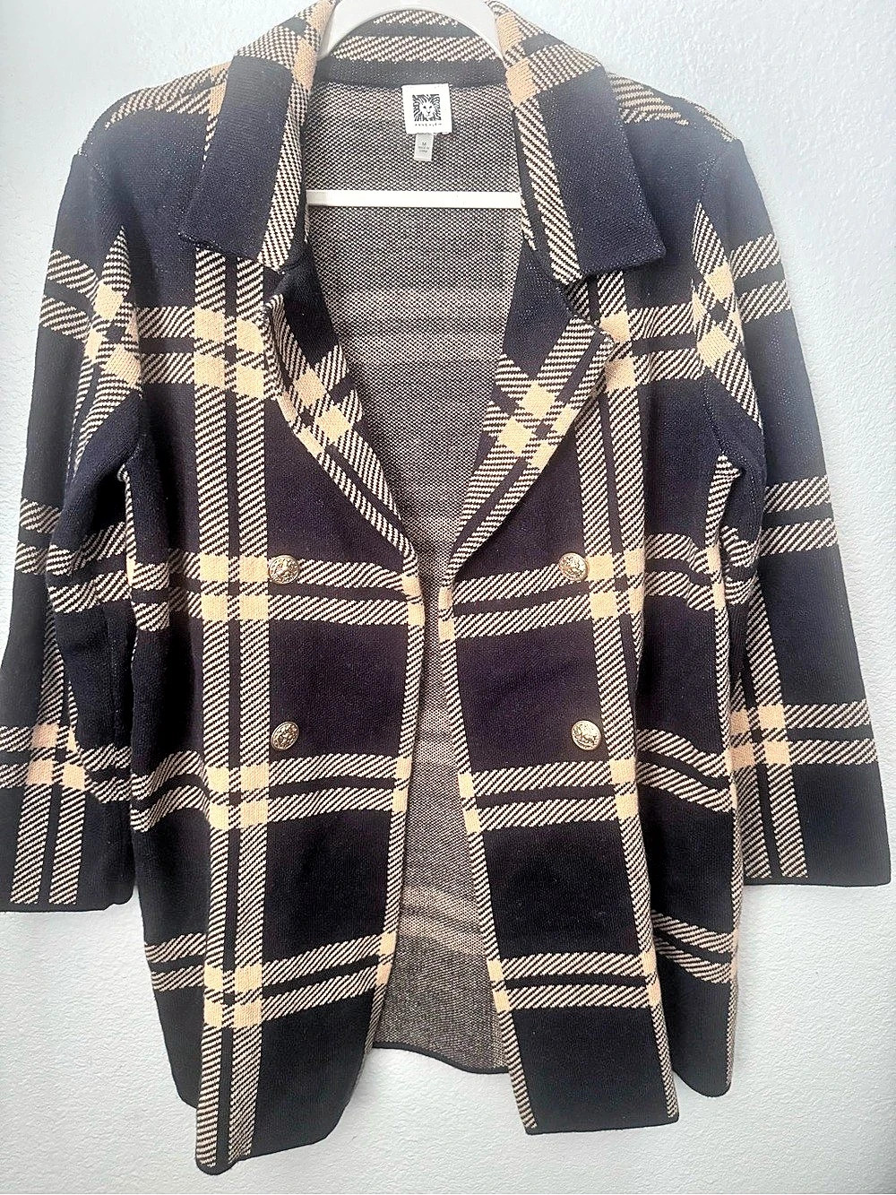 Anne Klein Plaid Pea Coat in Black & Tan Size Medium